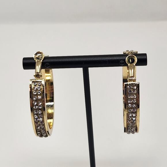 Guess Gold Tone Clear Crystal Pave Large Hoop Earrings Logo Chunky Statement - Picture 3 of 6
